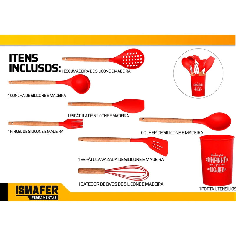 Kit Utensílios Cozinha Silicone Colher Copo Suporte 8 Peças