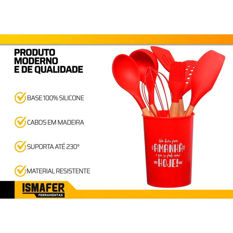 Kit Utensílios Cozinha Silicone Colher Copo Suporte 8 Peças