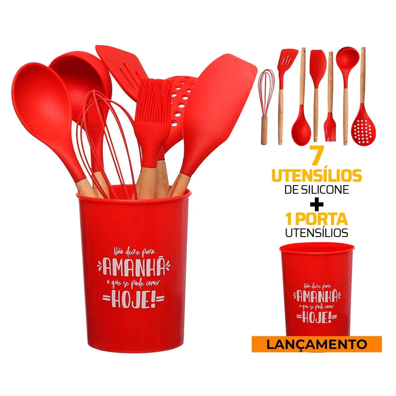 Kit Utensílios Cozinha Silicone Colher Copo Suporte 8 Peças