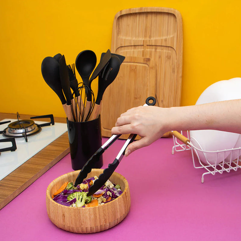 Kit 11 utensílios de cozinha de silicone com cabo de madeira e suporte - Tud