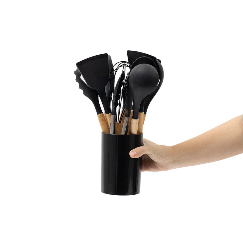 Kit 11 utensílios de cozinha de silicone com cabo de madeira e suporte - Tud