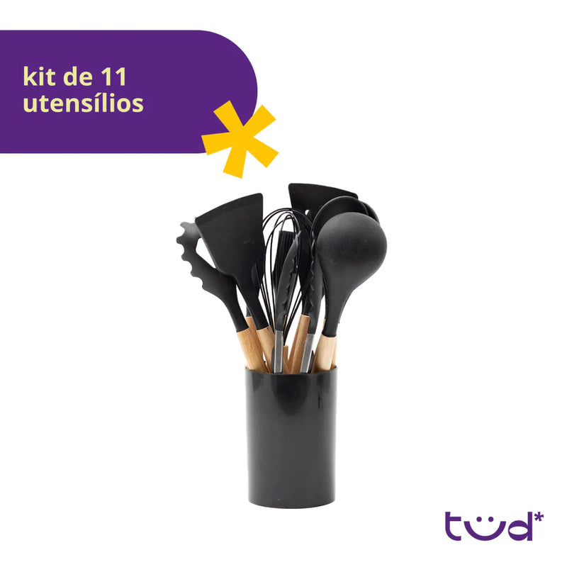 Kit 11 utensílios de cozinha de silicone com cabo de madeira e suporte - Tud