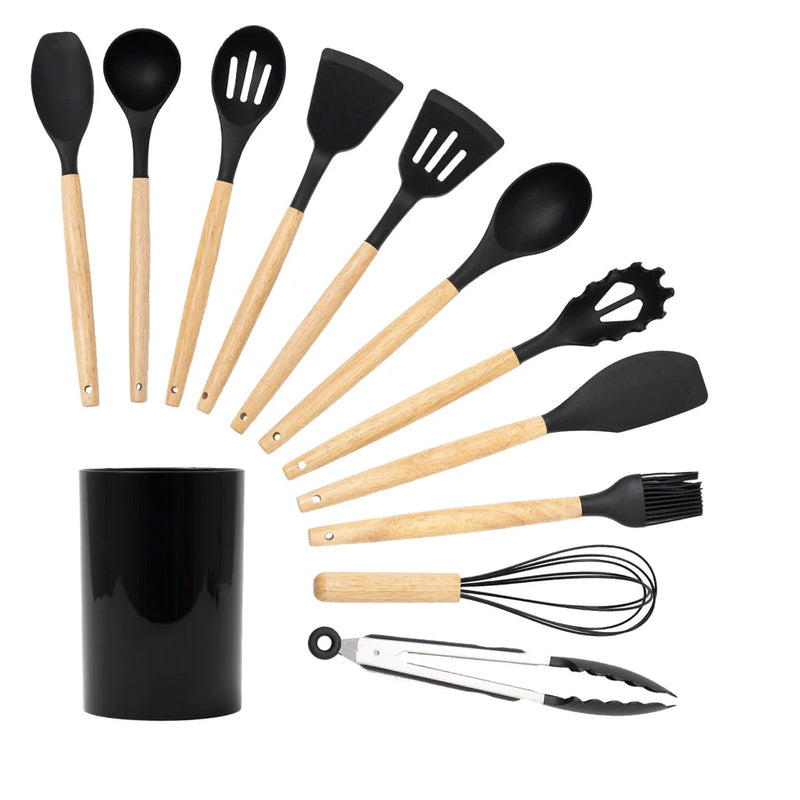 Kit 11 utensílios de cozinha de silicone com cabo de madeira e suporte - Tud