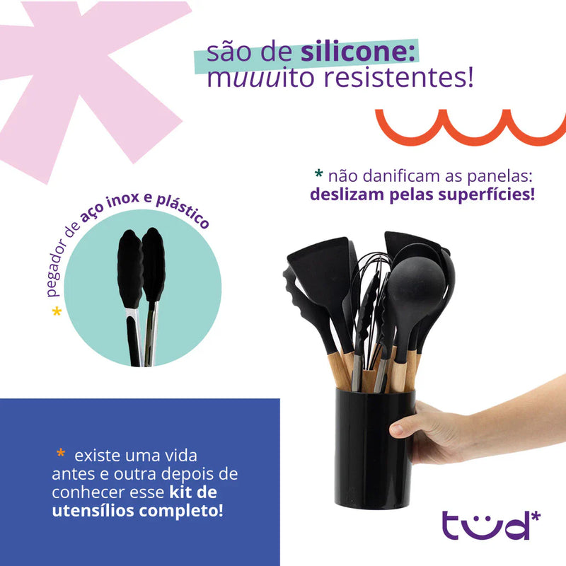 Kit 11 utensílios de cozinha de silicone com cabo de madeira e suporte - Tud