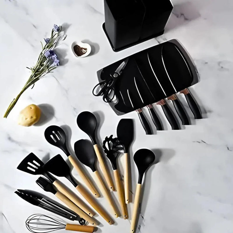 Kit Utensílios De Cozinha Jogo Completo 19 Peças - Preto