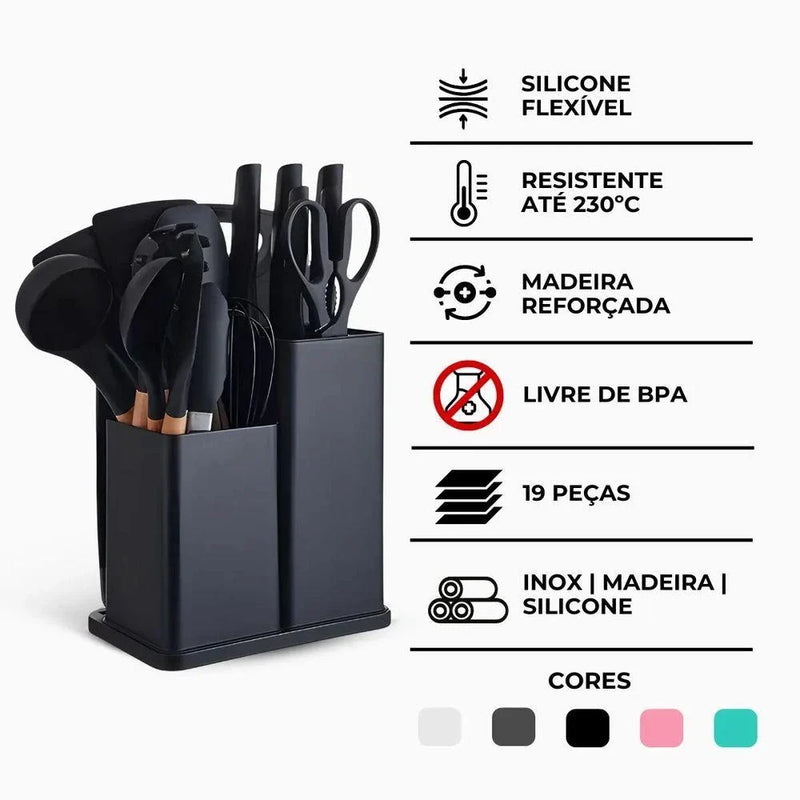 Kit Utensílios De Cozinha Jogo Completo 19 Peças - Preto